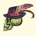 Skull in purple hat with pink ribbon and fancy feathers, hand drawn doodle, sketch in woodcut style