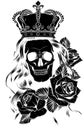 black silhouette of Skull of queen hand drawn illustration. Tattoo vintage print. Crown, roses and skull sketch