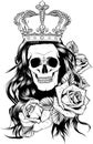 Skull of queen hand drawn illustration. Tattoo vintage print. Crown, roses and skull sketch illustration. Vector print.