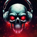 Skull with red glow from eyes looks evil. Wears headphones. Heavy metal style. Generative AI