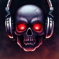 Skull with red glow from eyes looks evil. Wears headphones. Heavy metal style. Generative AI