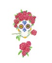 Skull and Roses flower crown, watercolor illustration, day of the dead Royalty Free Stock Photo