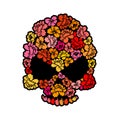 Skull with roses. Petals of flowers skeleton head. Beautiful rem