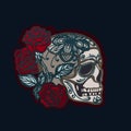 Skull with roses. The symbol of the Mexican holiday Day of the Dead. Halloween. Dia De Los Muertos. Hand drawn.