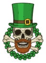 The skull of Saint Patrick`s with green hat and clover leaves. Irish skull. St.Patrick skull vector.