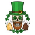 The skull of Saint Patrick`s with green hat and clover leaves. Irish skull. St.Patrick skull vector.