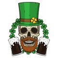 The skull of Saint Patrick`s with green hat and clover leaves. Irish skull. St.Patrick skull vector.