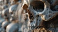 A skull is sitting on top of a wall made out of skulls, AI