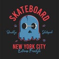 Skull skateboard design for t-shirt. New York, Brooklyn skatepark tee shirt print with skull and skate. Apparel drawn print
