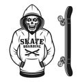 Skull of skater in hoodie and skateboard objects