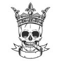 Skull smoking cigar or cigarette smoke in crown king with crossed swords and ribbon illustration. Vintage crowning, elegant queen