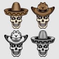 Skull in sombrero and cowboy hat set of vector objects or design elements it two styles black and colorful Royalty Free Stock Photo