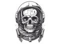Skull in space helmet. Poster, emblem concept. Dead astronaut in space helmet, sketch engraving vector illustration.