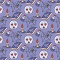 Skull, spell book, candle, witch potion seamless pattern