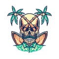 Skull summer beach t-shirt graphic design, hand drawn line with digital color, vector illustration