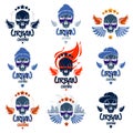 Skull in sunglasses and hat, urban theme vector logos or emblems set, gangster or thug illustrations, anarchy chaos hooligan,