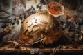 a golden globe in front of a painting of shells. Generative AI Royalty Free Stock Photo