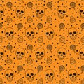 Skull and sweets seamless pattern on orange background. halloween skull pattern background. Royalty Free Stock Photo