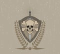 Skull, sword, shield, laurel wreath, ray, grunge, vector, illustration, vintage, texture, color, clip-art, background, color illus