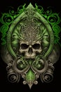 Skull symbol in frame. Monster with demon foliage. Fantasy engraved illustration