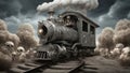 skull train that wanders through the dreams on a surreal and whimsical railway. surrounded by smoke and skulls skull