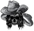 monochromatic skull twisted by a snake with bones vector