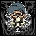 Skull wearing hat and gas mask vector