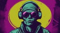 A skull wearing headphones and sunglasses on a purple background, AI