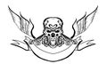 Skull with wing and tool on label background. Sticker and printing for biker.bigbike and skull