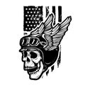 Skull in winged motorcycle helmet on american flag background. Design element for logo, emblem, sign, poster, t shirt Royalty Free Stock Photo