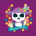 Skull woman with hat and flowers to day of the dead