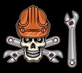 Skull of worker in hard hat with adjustable wrench vector objects or design elements in colorful style isolated on dark