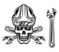 Skull of worker in hard hat with adjustable wrench vector objects or design elements in monochrome style isolated on