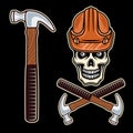 Skull of worker in hard hat and claw hammer set of vector objects or design elements in colorful cartoon style isolated