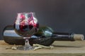Skulls in the blood glass and wine on wooden table
