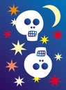 2 skulls on the blue background, moon and stars. Horror and fear for the holiday of Halloween.