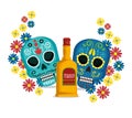 Skulls with flowers and tequila to mexican event Royalty Free Stock Photo