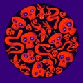 Skulls with lizards and snakes round composition in a circle vector design illustration, death sculls horror and fear theme