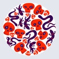 Skulls with lizards and snakes round composition in a circle vector design illustration, death sculls horror and fear theme