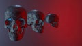 Skulls metal, red background, metallic skulls