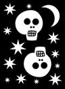 2 skulls on the purple and red background, moon and stars. Horror and fear for the holiday of Halloween.