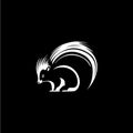 Skunk head and tail icon, savage wild animal logo template. Hand drawing emblem on black background for body art and