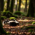 A skunk Mephitis mephitis forages on a forest floor covered in fallen leaves Royalty Free Stock Photo