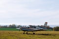 Skutec, Czech Republic, 20 October 2019: Small, 4-seater airplane before takeoff on the field