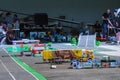 Skutech, Czech Republic, 27 June 2020: Drivers help children. Trucks festival in the Czech Republic. Toy trucks