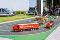 Skutech, Czech Republic, 27 June 2020: Drivers help children. Trucks festival in the Czech Republic. Toy trucks