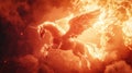 In a sky ablaze, a mystical Pegasus soars among the flames and clouds. Royalty Free Stock Photo