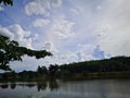 the sky painted in a soothing gray hue is adorned with a cluster of white clouds resembling a large water pond Royalty Free Stock Photo