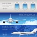 Sky airplane tourism banners. Civil aviation pictures of blue sky and aircraft windows wings vector illustrations place