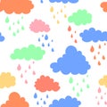 Sky background with blue, pink, green and orange clouds. Hand drawn seamless pattern. Vector illustration in cartoon Royalty Free Stock Photo